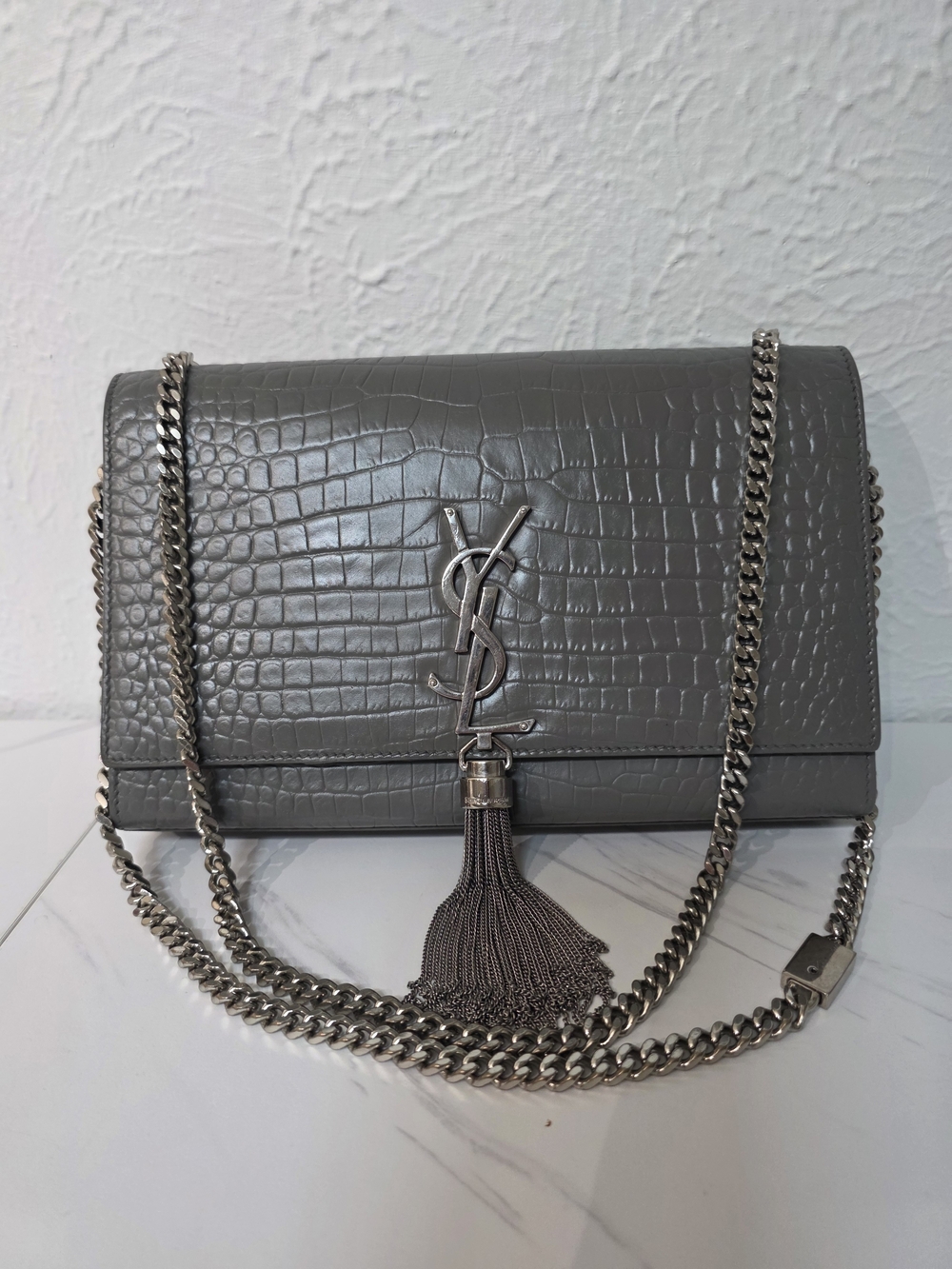 Saint Laurent Grey Croc-Embossed Tassel Chain Crossbody Bag